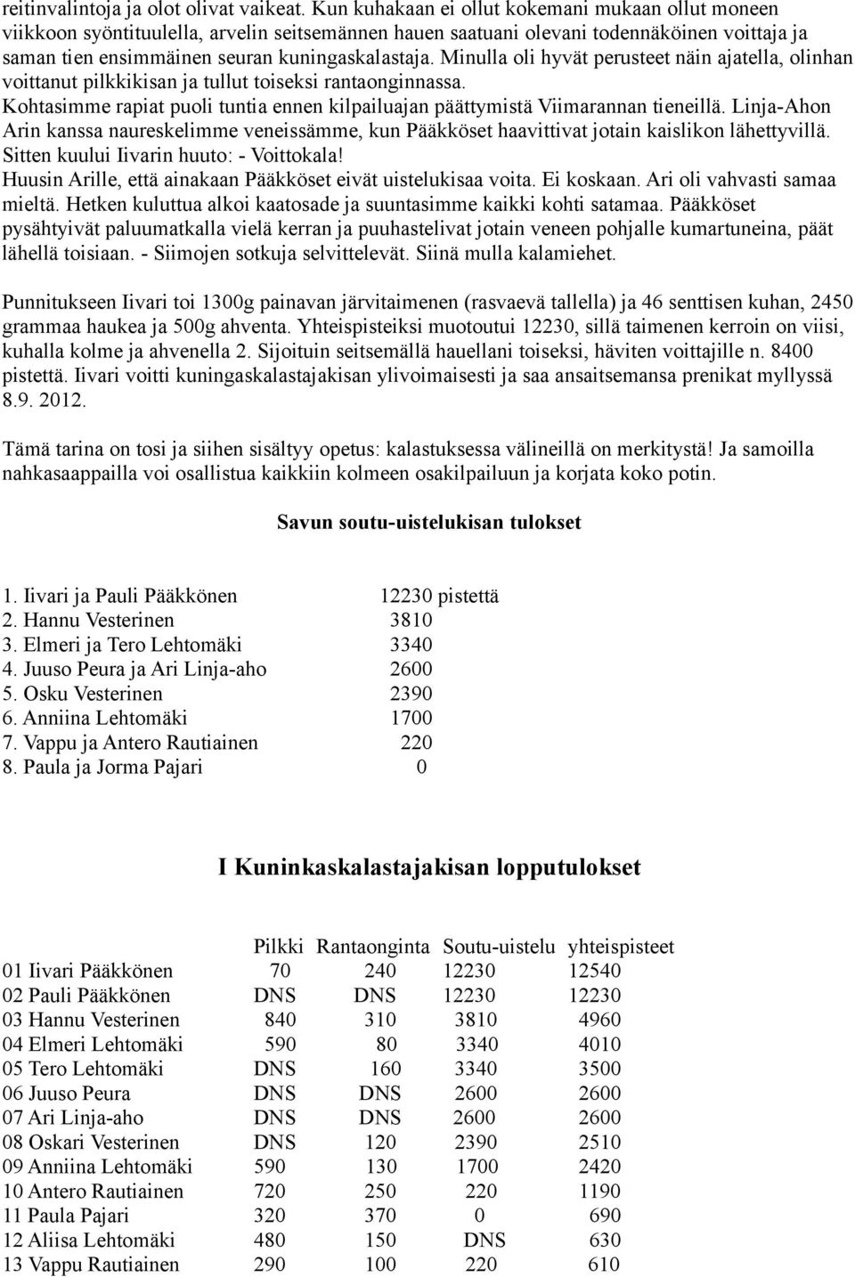 Minulla oli hyvät perusteet näin ajatella, olinhan voittanut pilkkikisan ja tullut toiseksi rantaonginnassa. Kohtasimme rapiat puoli tuntia ennen kilpailuajan päättymistä Viimarannan tieneillä.