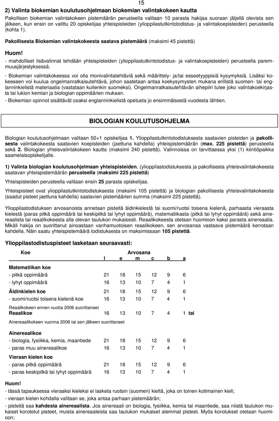 Pakollisesta Biokemian valintakokeesta saatava pistemäärä (maksimi 45 pistettä) Huom!