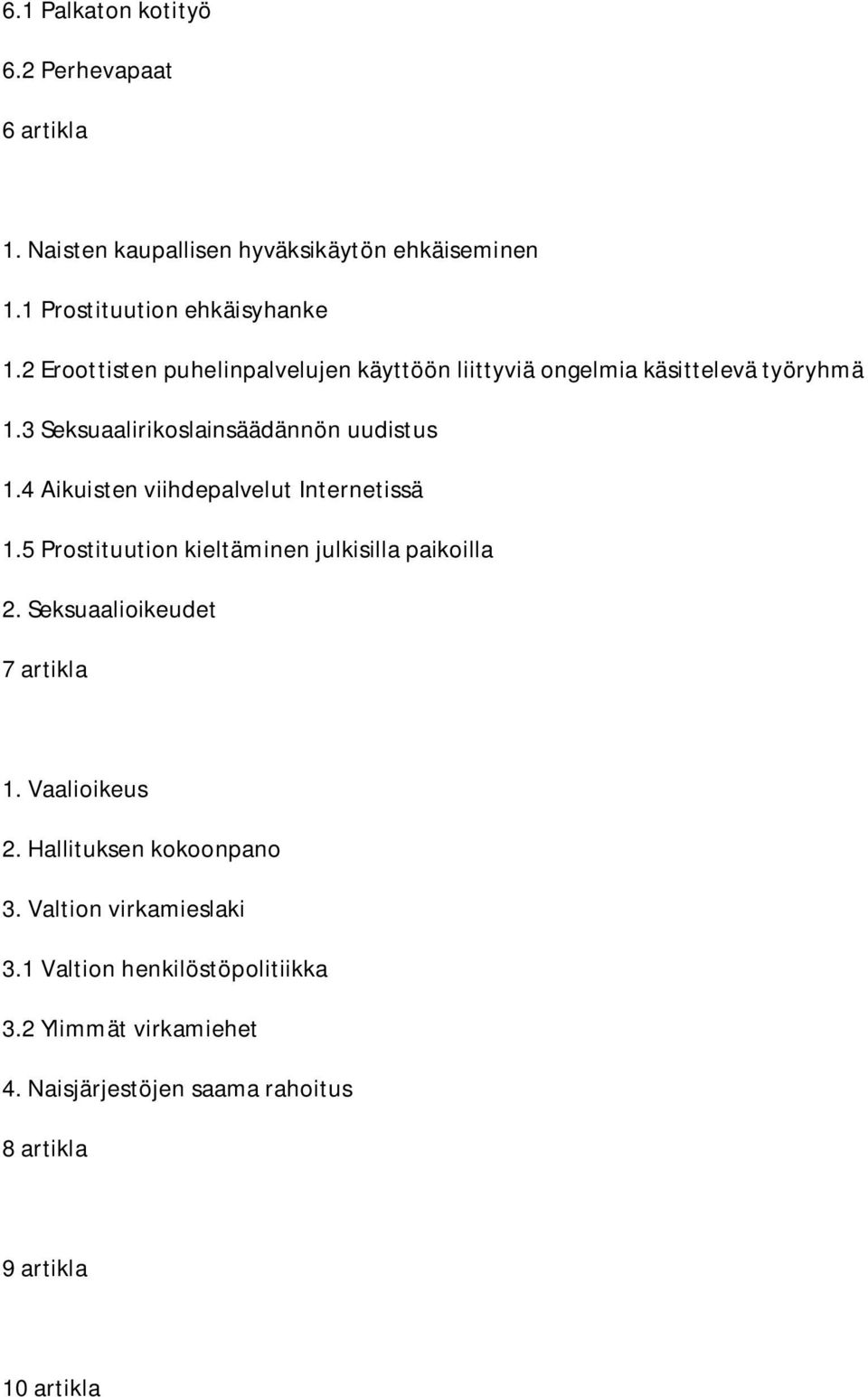 4 Aikuisten viihdepalvelut Internetissä 1.5 Prostituution kieltäminen julkisilla paikoilla 2. Seksuaalioikeudet 7 artikla 1. Vaalioikeus 2.