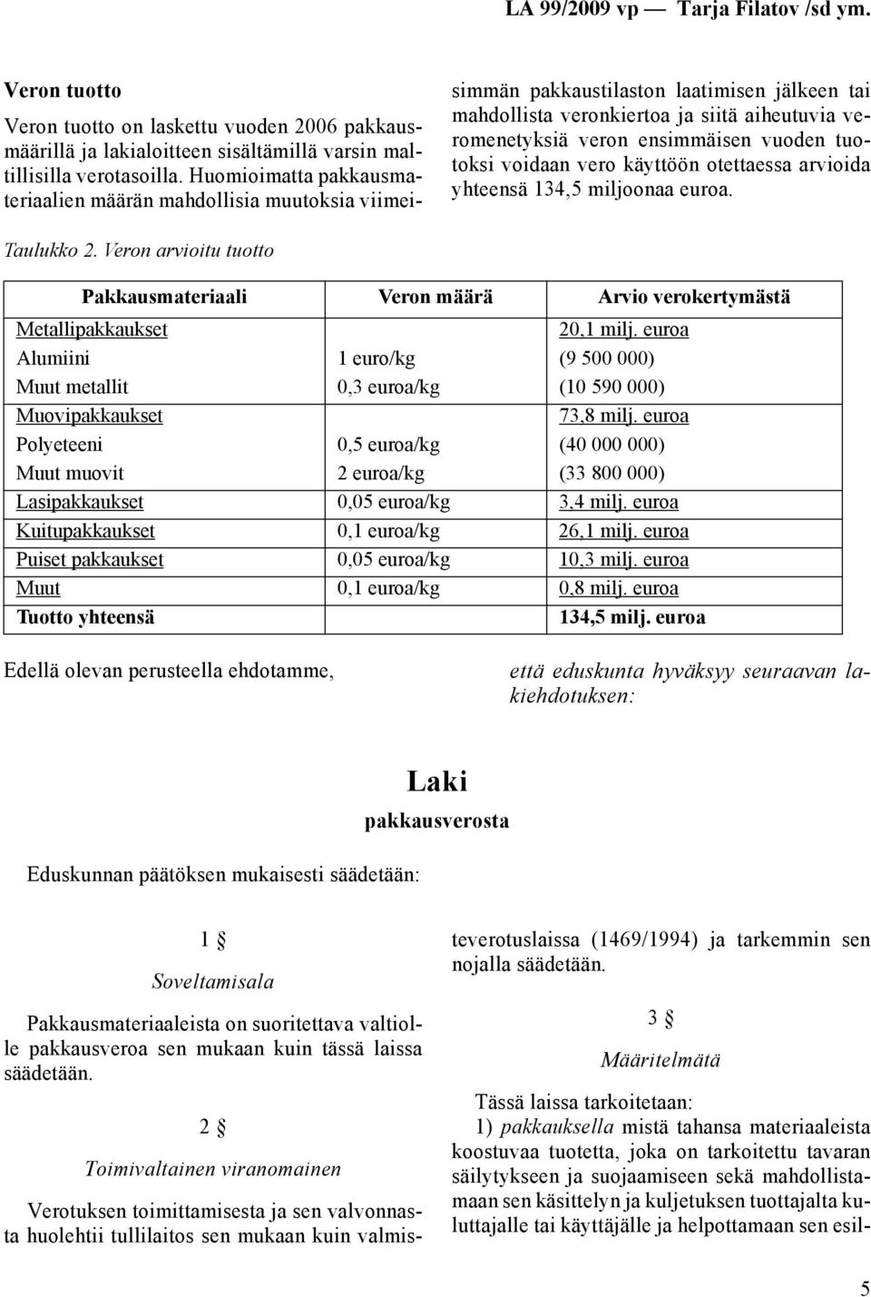 tuotoksi voidaan vero käyttöön otettaessa arvioida yhteensä 134,5 miljoonaa euroa. Taulukko 2. Veron arvioitu tuotto Pakkausmateriaali Veron määrä Arvio verokertymästä Metallipakkaukset 20,1 milj.