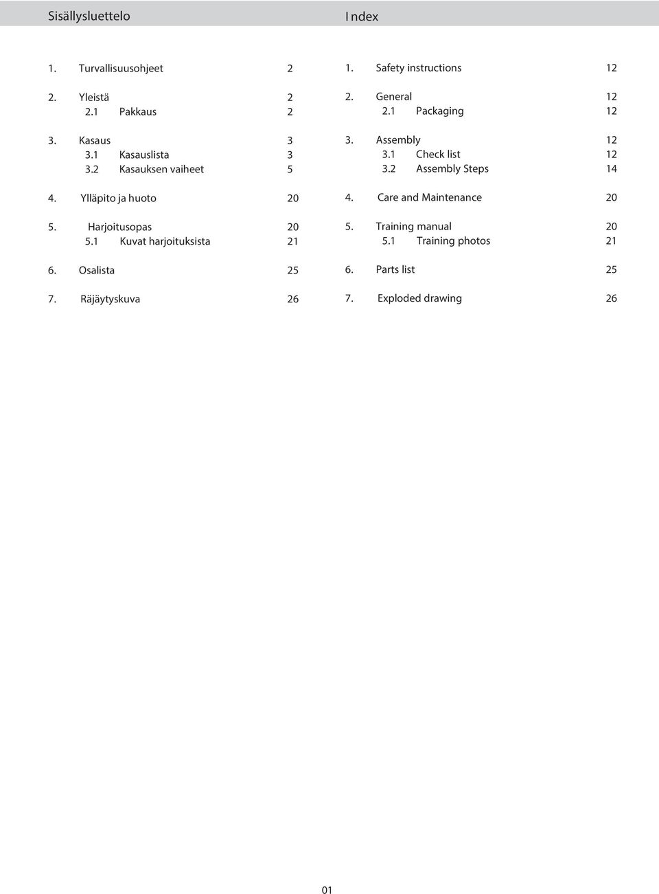 Räjäytyskuva 26 1. Safety instructions 12 2. General 12 2.1 Packaging 12 3. Assembly 12 3.1 Check list 12 3.