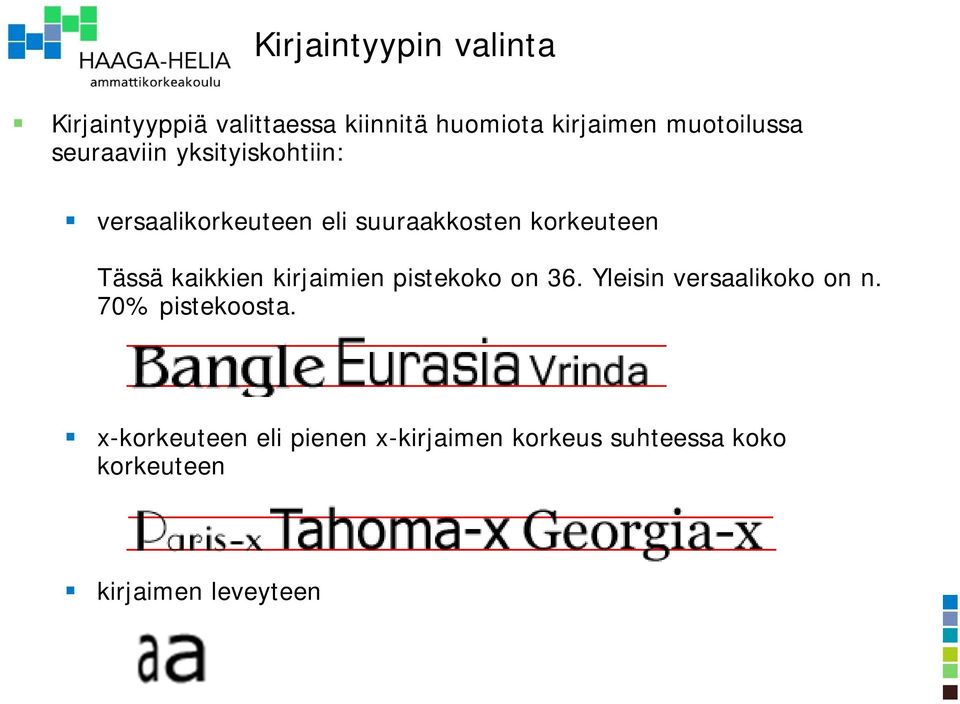korkeuteen Tässä kaikkien kirjaimien pistekoko on 36. Yleisin versaalikoko on n.