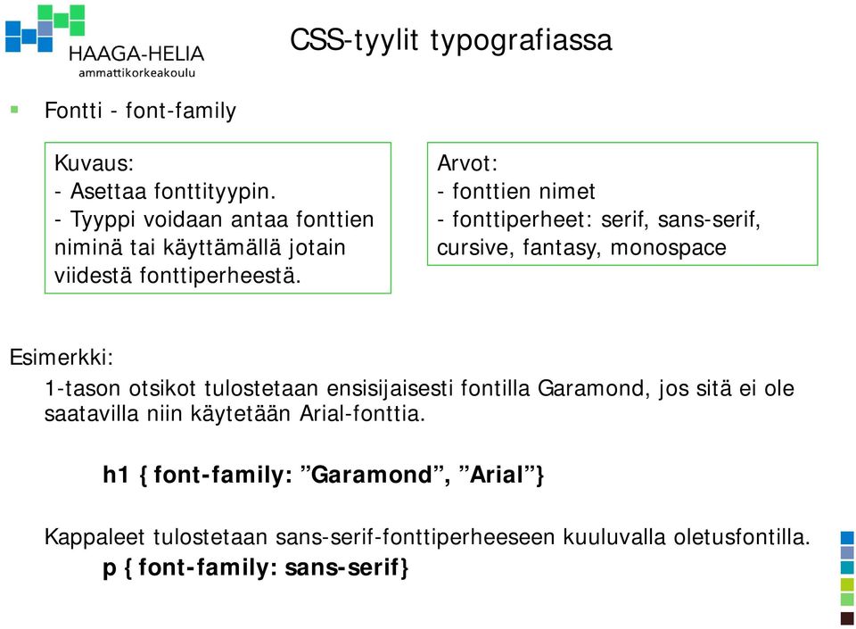 Arvot: - fonttien nimet - fonttiperheet: serif, sans-serif, cursive, fantasy, monospace Esimerkki: 1-tason otsikot tulostetaan