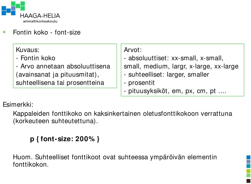 smaller - prosentit - pituusyksiköt, em, px, cm, pt.