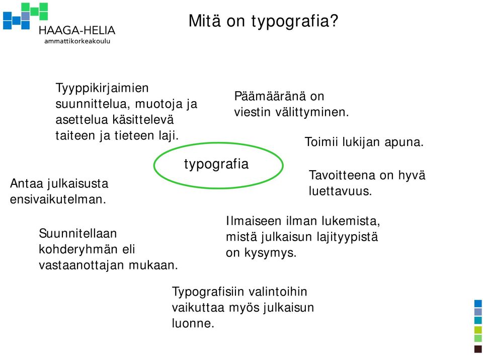Antaa julkaisusta ensivaikutelman. Suunnitellaan kohderyhmän eli vastaanottajan mukaan.