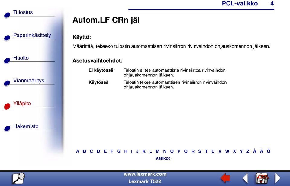 rivinvaihdon ohjauskomennon jälkeen.