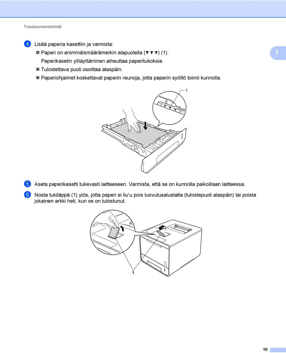 Paperiohjaimet koskettavat paperin reunoja, jotta paperin syöttö toimii kunnolla. 1 1 e Aseta paperikasetti tukevasti laitteeseen.