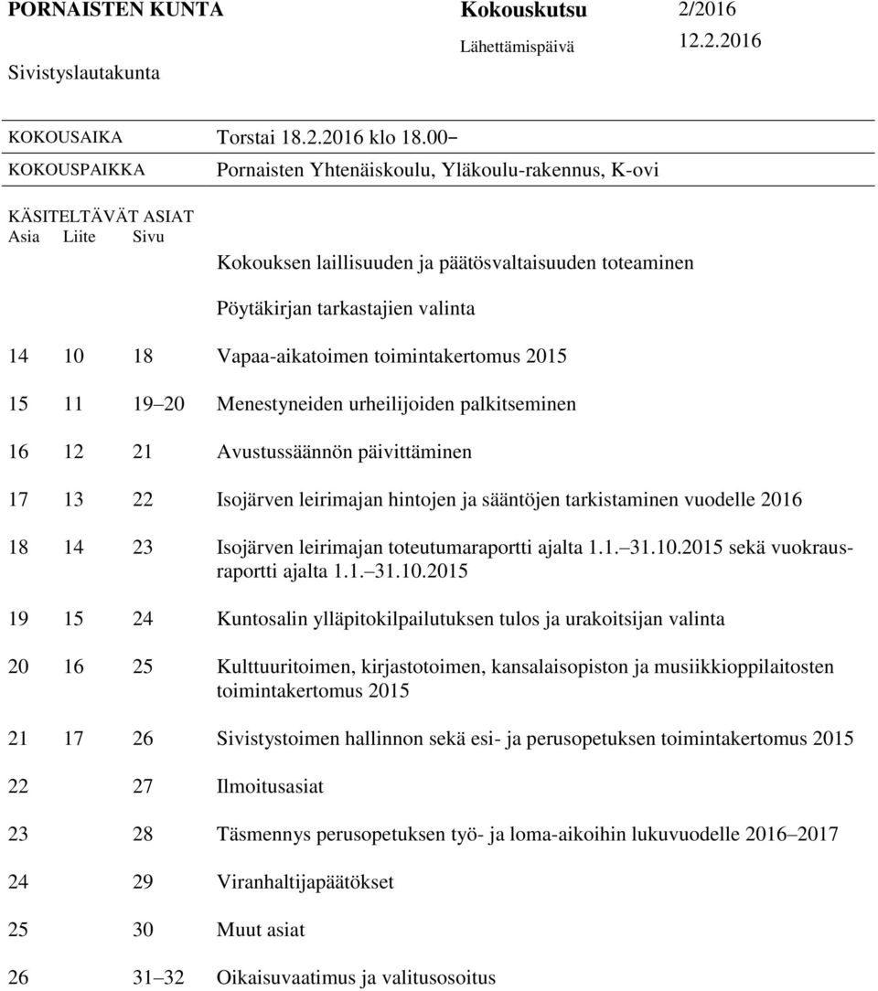 Vapaa-aikatoimen toimintakertomus 2015 15 11 19 20 Menestyneiden urheilijoiden palkitseminen 16 12 21 Avustussäännön päivittäminen 17 13 22 Isojärven leirimajan hintojen ja sääntöjen tarkistaminen