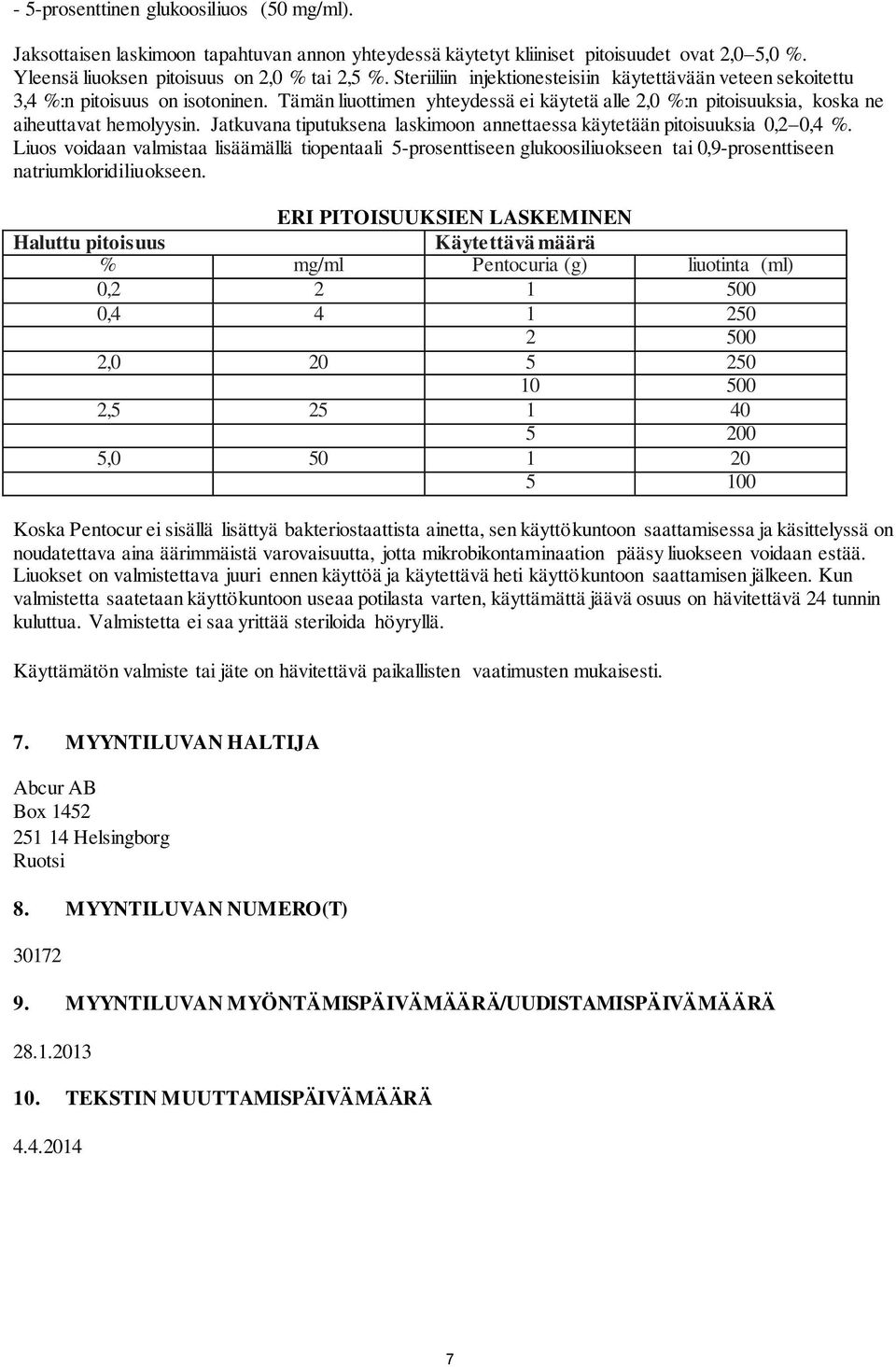 Jatkuvana tiputuksena laskimoon annettaessa käytetään pitoisuuksia 0,2 0,4 %.