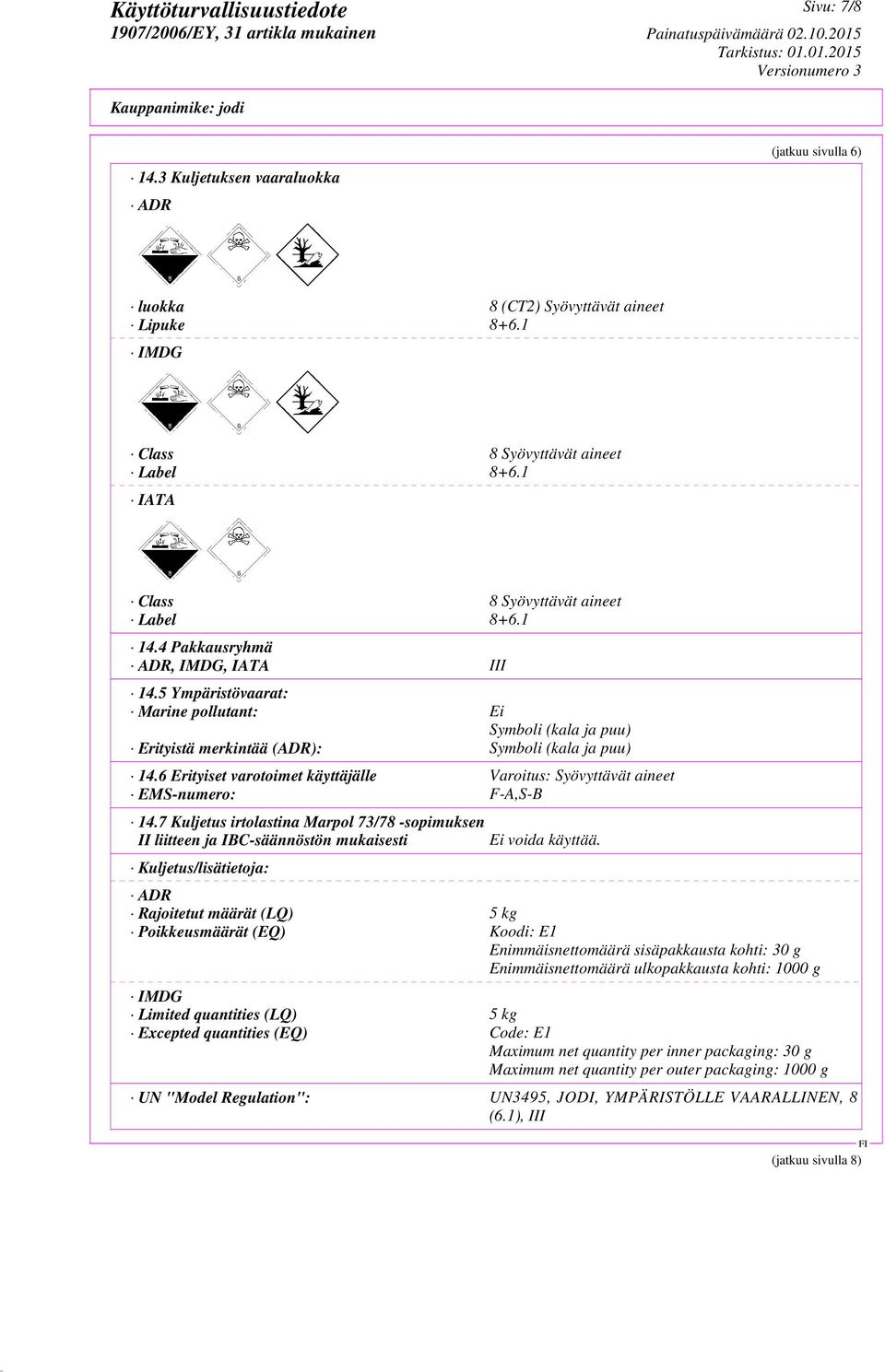 6 Erityiset varotoimet käyttäjälle Varoitus: Syövyttävät aineet EMS-numero: F-A,S-B 14.