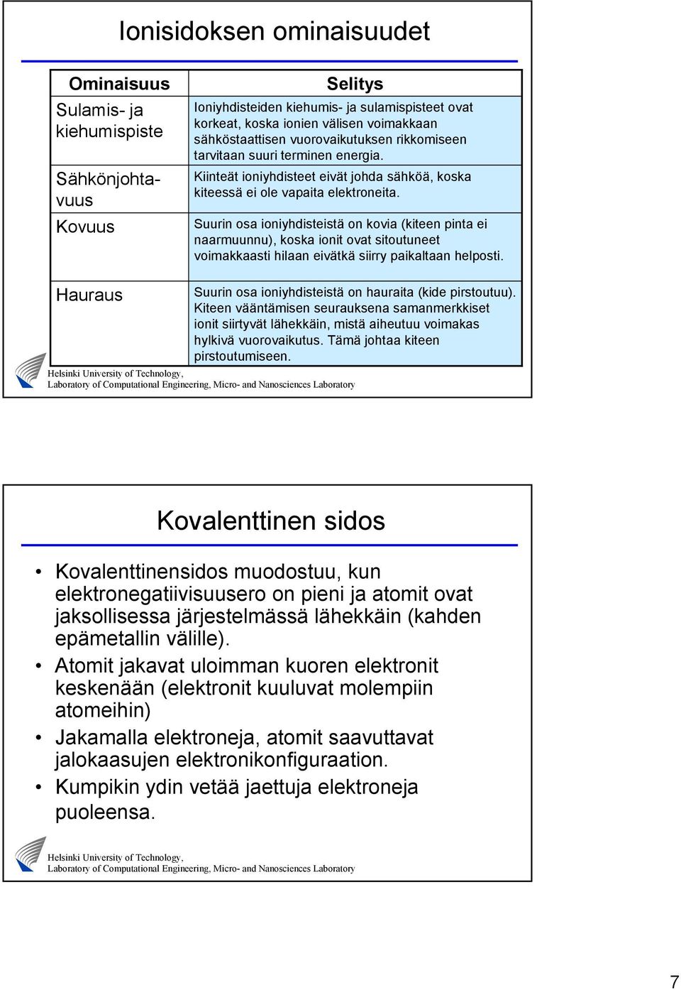 Suurin osa ioniyhdisteistä on kovia (kiteen pinta ei naarmuunnu), koska ionit ovat sitoutuneet voimakkaasti hilaan eivätkä siirry paikaltaan helposti.