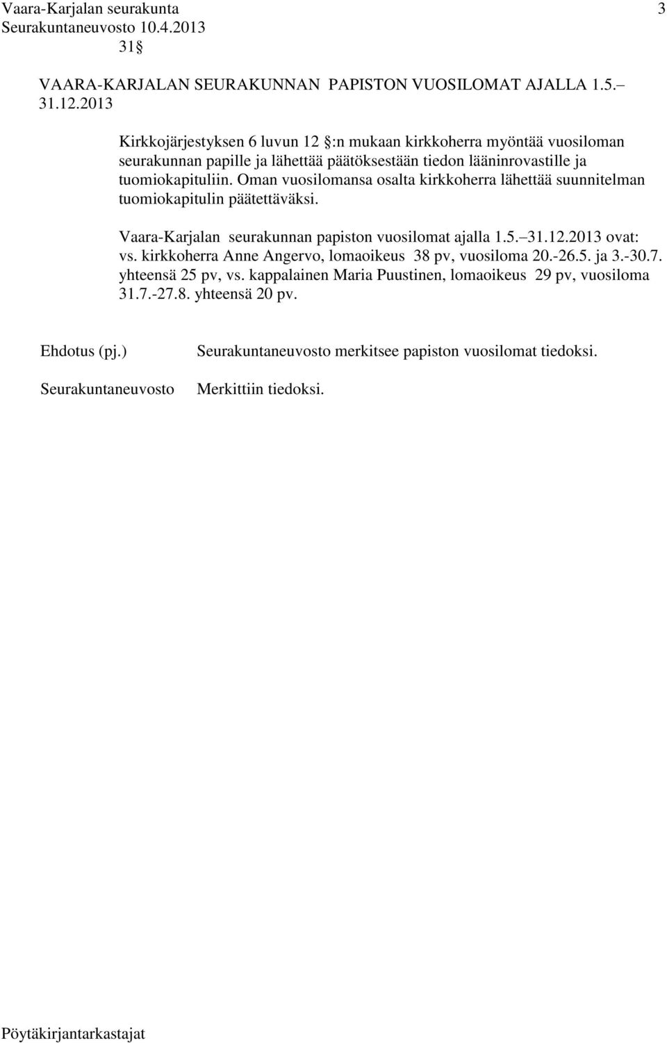 Oman vuosilomansa osalta kirkkoherra lähettää suunnitelman tuomiokapitulin päätettäväksi. Vaara-Karjalan seurakunnan papiston vuosilomat ajalla 1.5. 31.12.2013 ovat: vs.