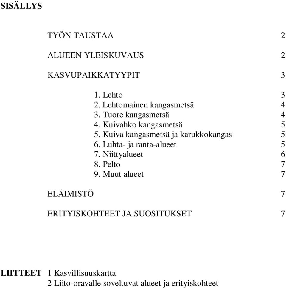 Kuiva kangasmetsä ja karukkokangas 5 6. Luhta- ja ranta-alueet 5 7. Niittyalueet 6 8. Pelto 7 9.