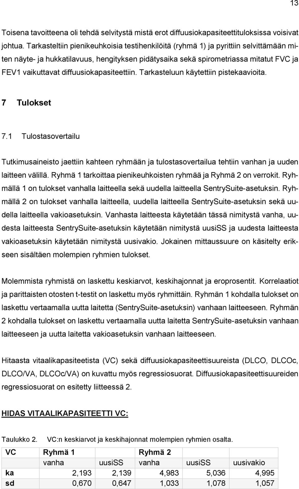 diffuusiokapasiteettiin. Tarkasteluun käytettiin pistekaavioita. 7 Tulokset 7.