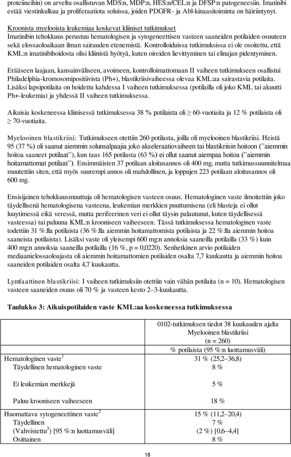 Kroonista myelooista leukemiaa koskevat kliiniset tutkimukset Imatinibin tehokkuus perustuu hematologisen ja sytogeneettisen vasteen saaneiden potilaiden osuuteen sekä elossaoloaikaan ilman sairauden