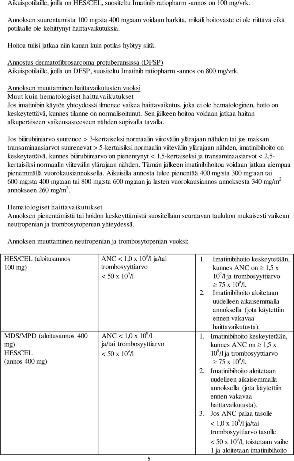 Hoitoa tulisi jatkaa niin kauan kuin potilas hyötyy siitä. Annostus dermatofibrosarcoma protuberansissa (DFSP) Aikuispotilaille, joilla on DFSP, suositeltu Imatinib ratiopharm -annos on 800 mg/vrk.