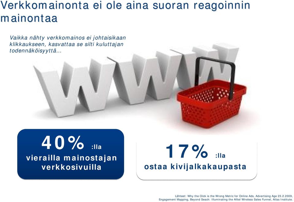 verkkosivuilla 17%:lla ostaa kivijalkakaupasta Lähteet: Why the Click is the Wrong Metric for Online