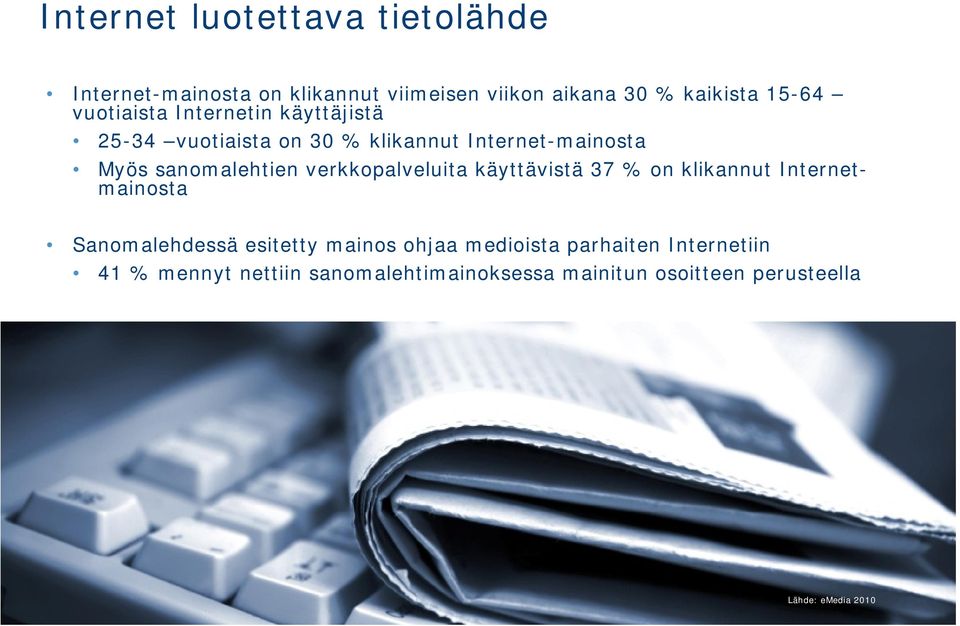 verkkopalveluita käyttävistä 37 % on klikannut Internetmainosta Sanomalehdessä esitetty mainos ohjaa