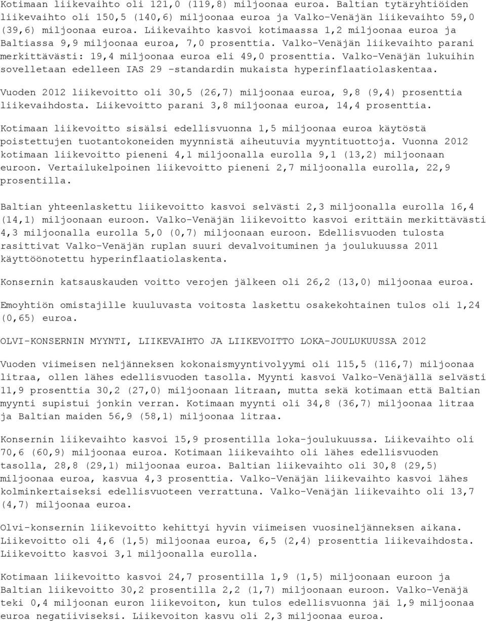 Valko-Venäjän lukuihin sovelletaan edelleen IAS 29 standardin mukaista hyperinflaatiolaskentaa. Vuoden 2012 liikevoitto oli 30,5 (26,7) miljoonaa euroa, 9,8 (9,4) prosenttia liikevaihdosta.