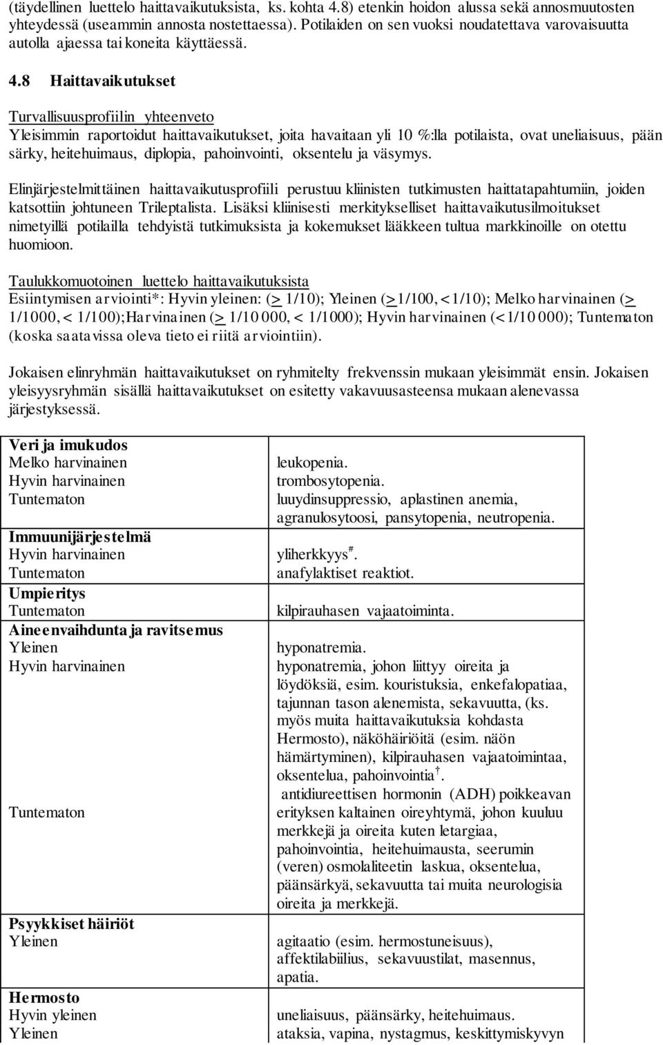 8 Haittavaikutukset Turvallisuusprofiilin yhteenveto Yleisimmin raportoidut haittavaikutukset, joita havaitaan yli 10 %:lla potilaista, ovat uneliaisuus, pään särky, heitehuimaus, diplopia,