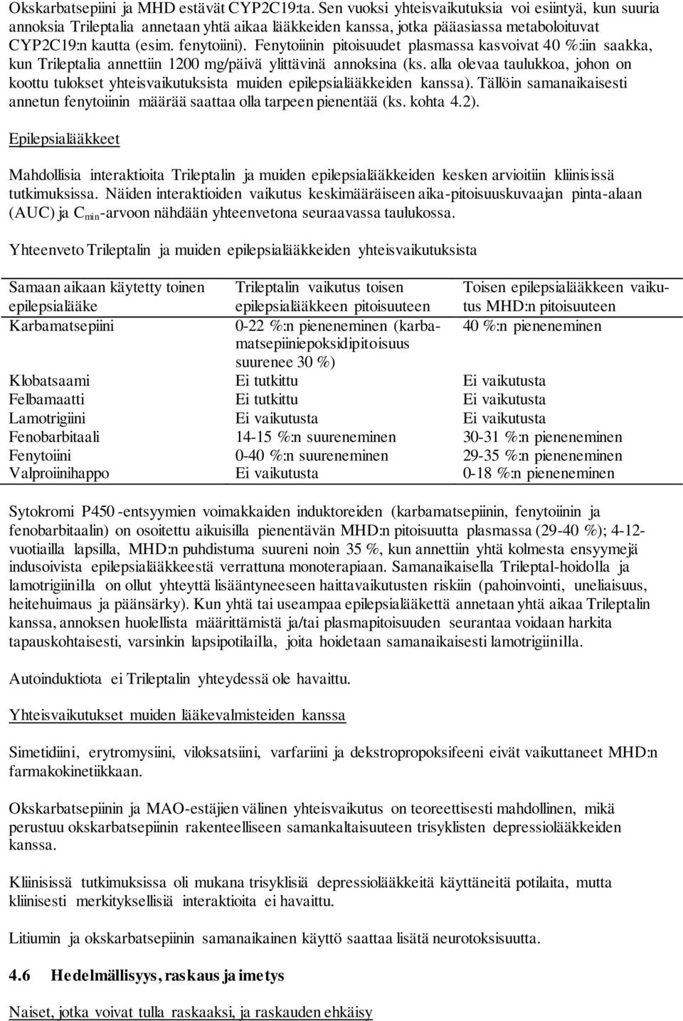 Fenytoiinin pitoisuudet plasmassa kasvoivat 40 %:iin saakka, kun Trileptalia annettiin 1200 mg/päivä ylittävinä annoksina (ks.