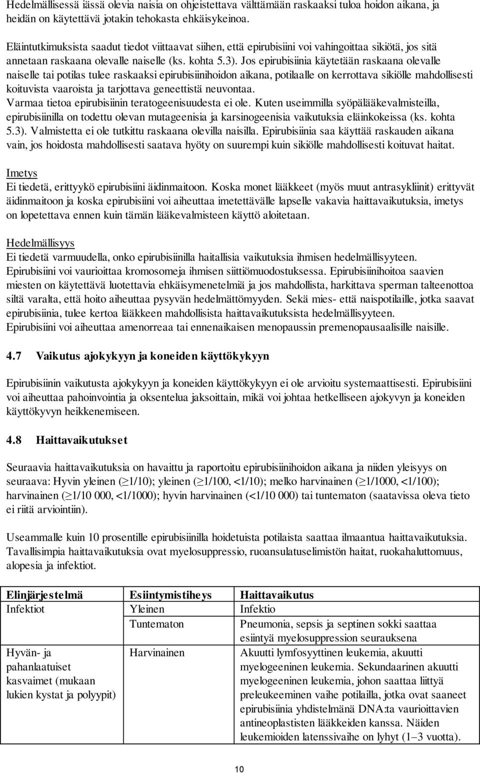 Jos epirubisiinia käytetään raskaana olevalle naiselle tai potilas tulee raskaaksi epirubisiinihoidon aikana, potilaalle on kerrottava sikiölle mahdollisesti koituvista vaaroista ja tarjottava