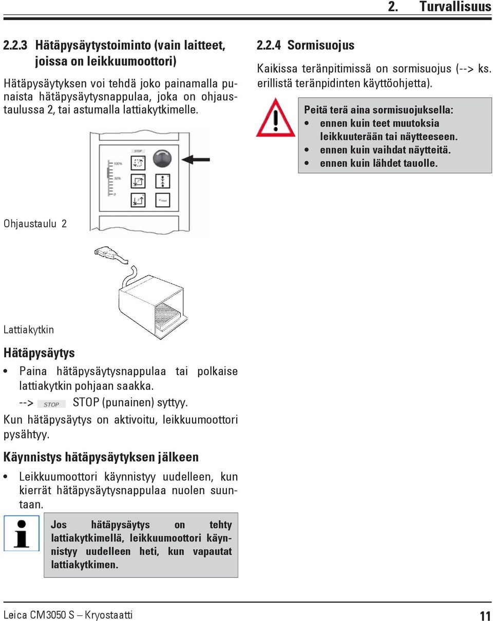 ennen kuin vaihdat näytteitä. ennen kuin lähdet tauolle. Ohjaustaulu 2 Lattiakytkin Hätäpysäytys Paina hätäpysäytysnappulaa tai polkaise lattiakytkin pohjaan saakka. --> STOP (punainen) syttyy.