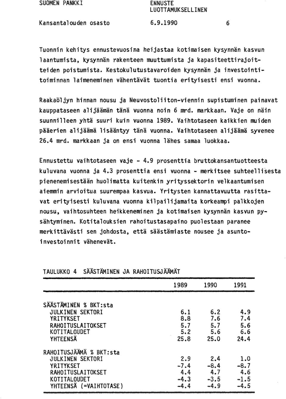 RaakaÖljyn hinnan nousu ja Neuvostoliiton-viennin supistuminen painavat kauppataseen alijäämän tänä vuonna noin 6 mrd. markkaan. Vaje on näin suunnilleen yhtä suuri kuin vuonna 1989.