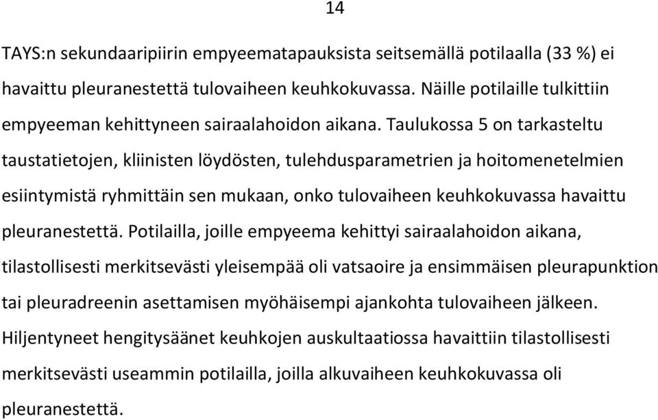 Taulukossa 5 on tarkasteltu taustatietojen, kliinisten löydösten, tulehdusparametrien ja hoitomenetelmien esiintymistä ryhmittäin sen mukaan, onko tulovaiheen keuhkokuvassa havaittu pleuranestettä.