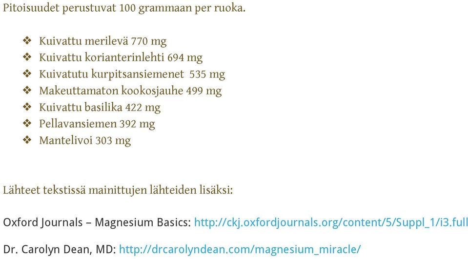 kookosjauhe 499 mg Kuivattu basilika 422 mg Pellavansiemen 392 mg Mantelivoi 303 mg Lähteet tekstissä