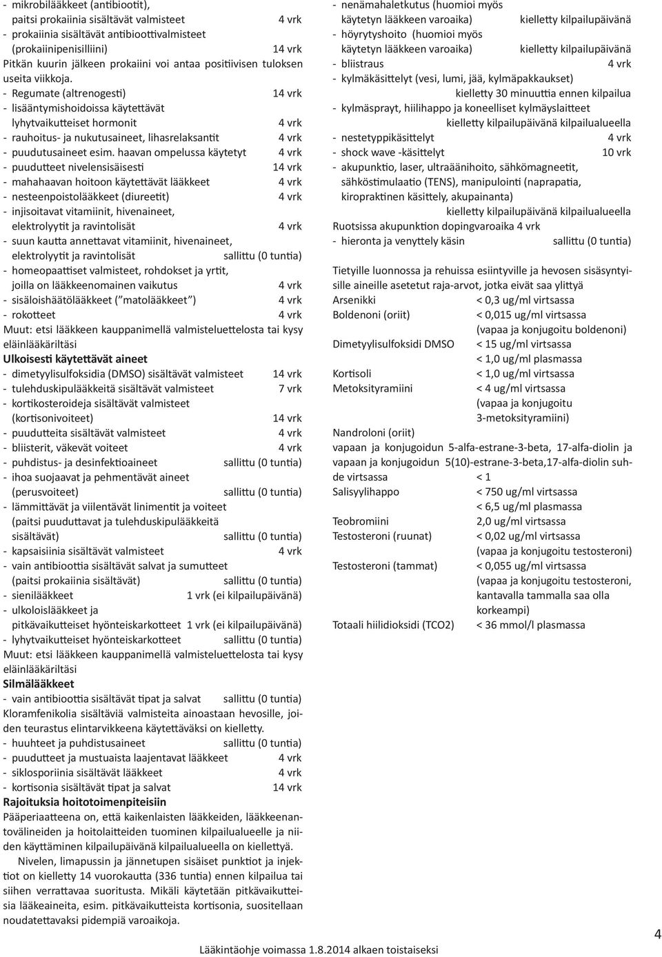 - Regumate (altrenogesti) 14 vrk - lisääntymishoidoissa käytettävät lyhytvaikutteiset hormonit 4 vrk - rauhoitus- ja nukutusaineet, lihasrelaksantit 4 vrk - puudutusaineet esim.