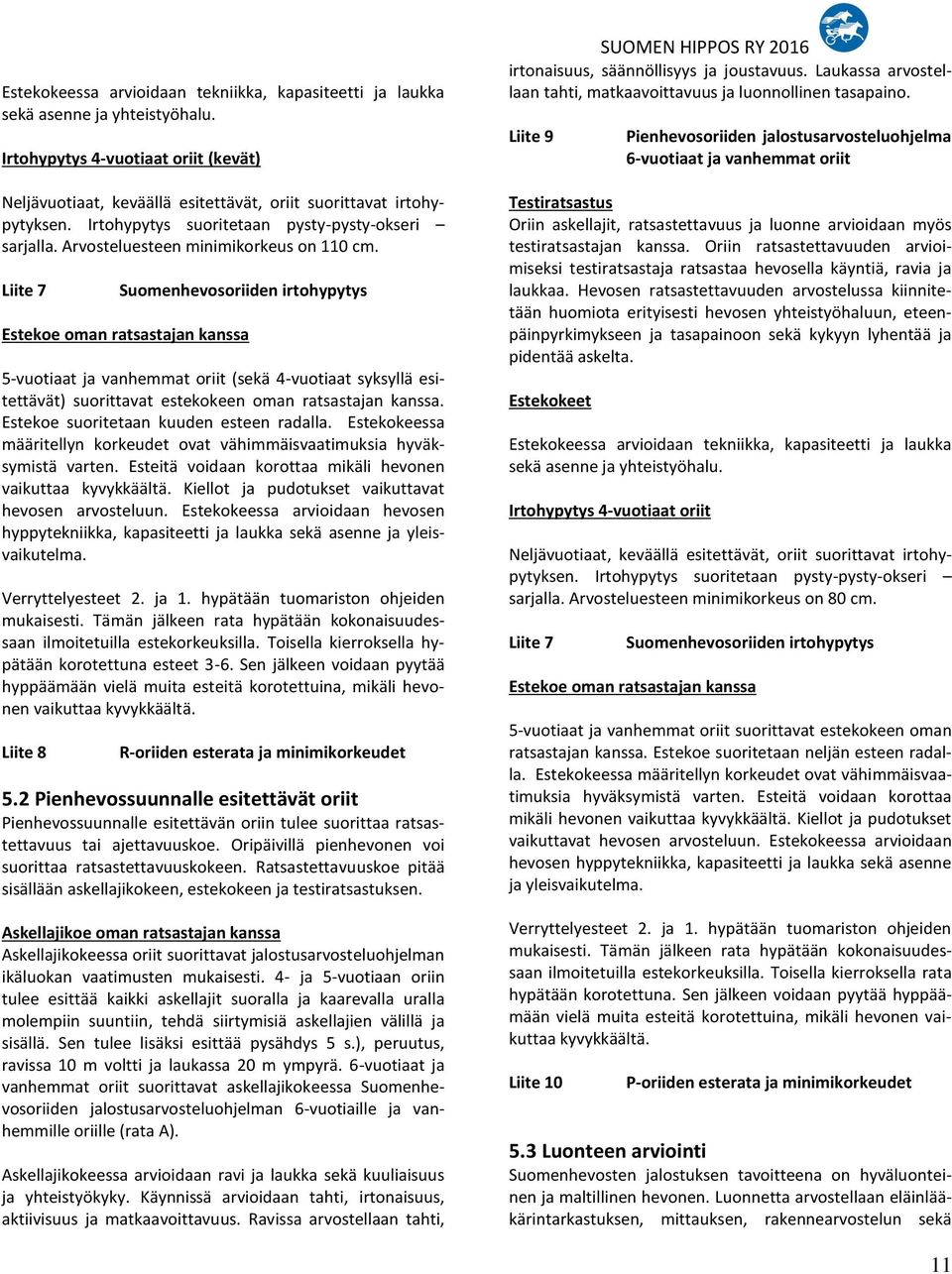 Liite 7 Suomenhevosoriiden irtohypytys Estekoe oman ratsastajan kanssa 5-vuotiaat ja vanhemmat oriit (sekä 4-vuotiaat syksyllä esitettävät) suorittavat estekokeen oman ratsastajan kanssa.