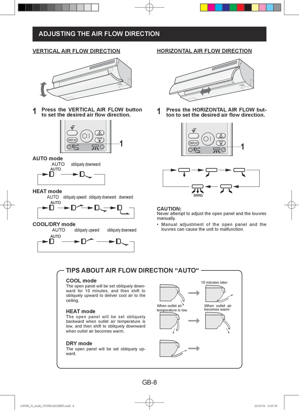 AUTO mode AUTO obliquely downward HEAT mode AUTO obliquely upward obliquely downward downward COOL/DRY mode AUTO obliquely upward obliquely downward CAUTION: Never attempt to adjust the open panel