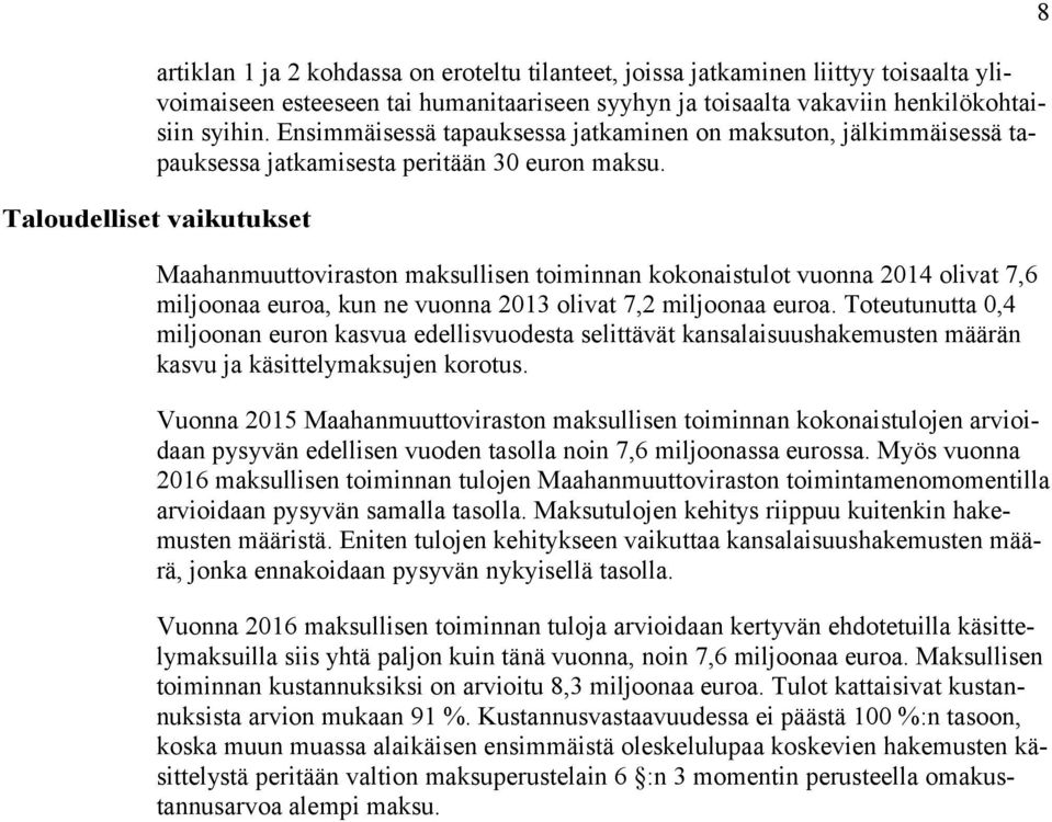 Taloudelliset vaikutukset Maahanmuuttoviraston maksullisen toiminnan kokonaistulot vuonna 2014 olivat 7,6 miljoonaa euroa, kun ne vuonna 2013 olivat 7,2 miljoonaa euroa.