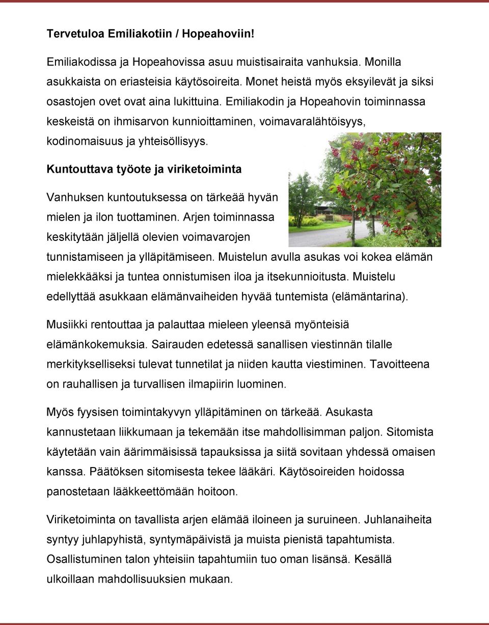 Emiliakodin ja Hopeahovin toiminnassa keskeistä on ihmisarvon kunnioittaminen, voimavaralähtöisyys, kodinomaisuus ja yhteisöllisyys.