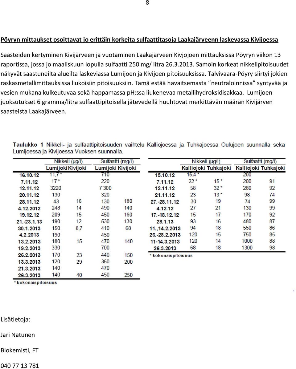 Talvivaara-Pöyry siirtyi jokien raskasmetallimittauksissa liukoisiin pitoisuuksiin.