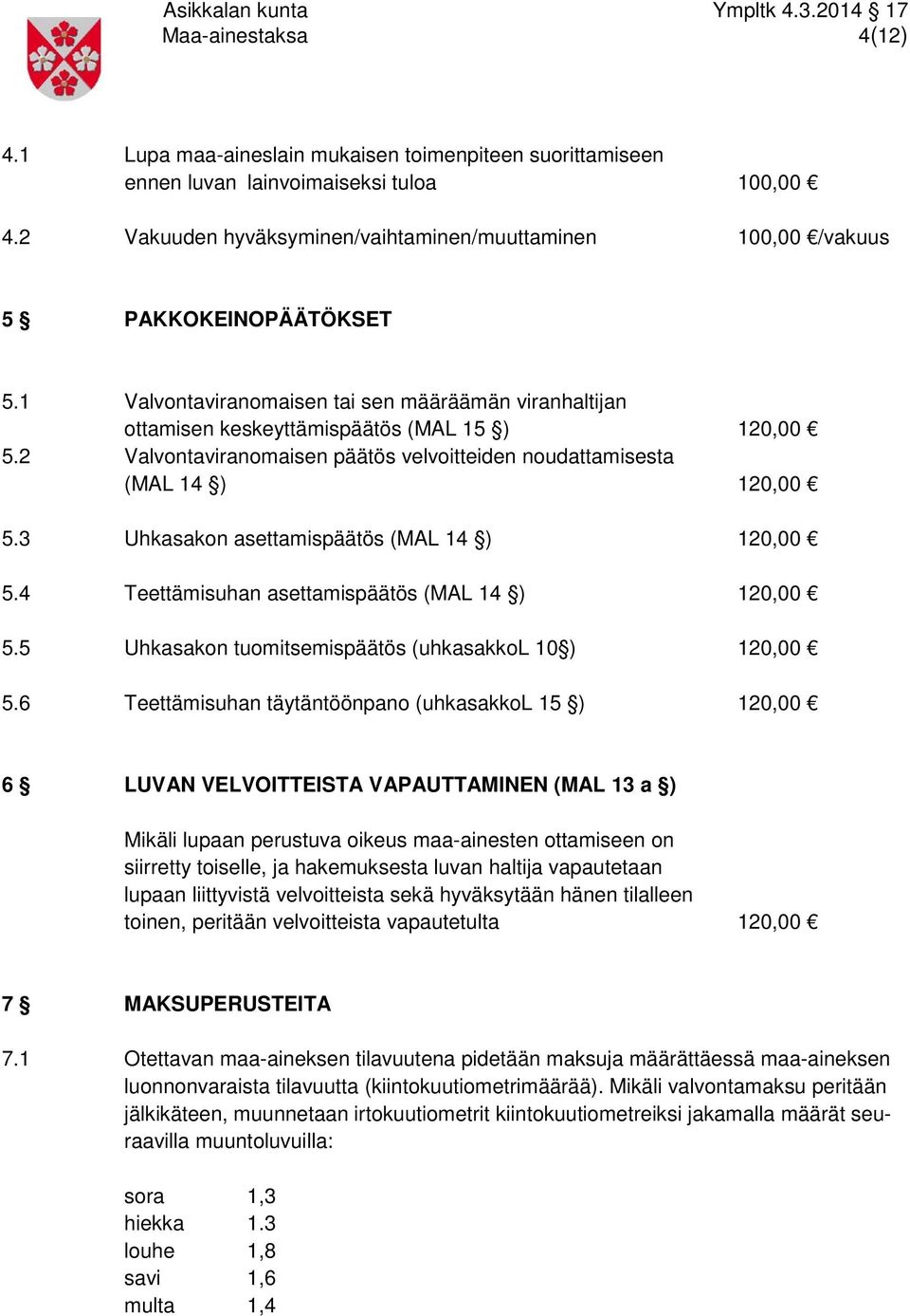 2 Valvontaviranomaisen päätös velvoitteiden noudattamisesta (MAL 14 ) 120,00 5.3 Uhkasakon asettamispäätös (MAL 14 ) 120,00 5.4 Teettämisuhan asettamispäätös (MAL 14 ) 120,00 5.