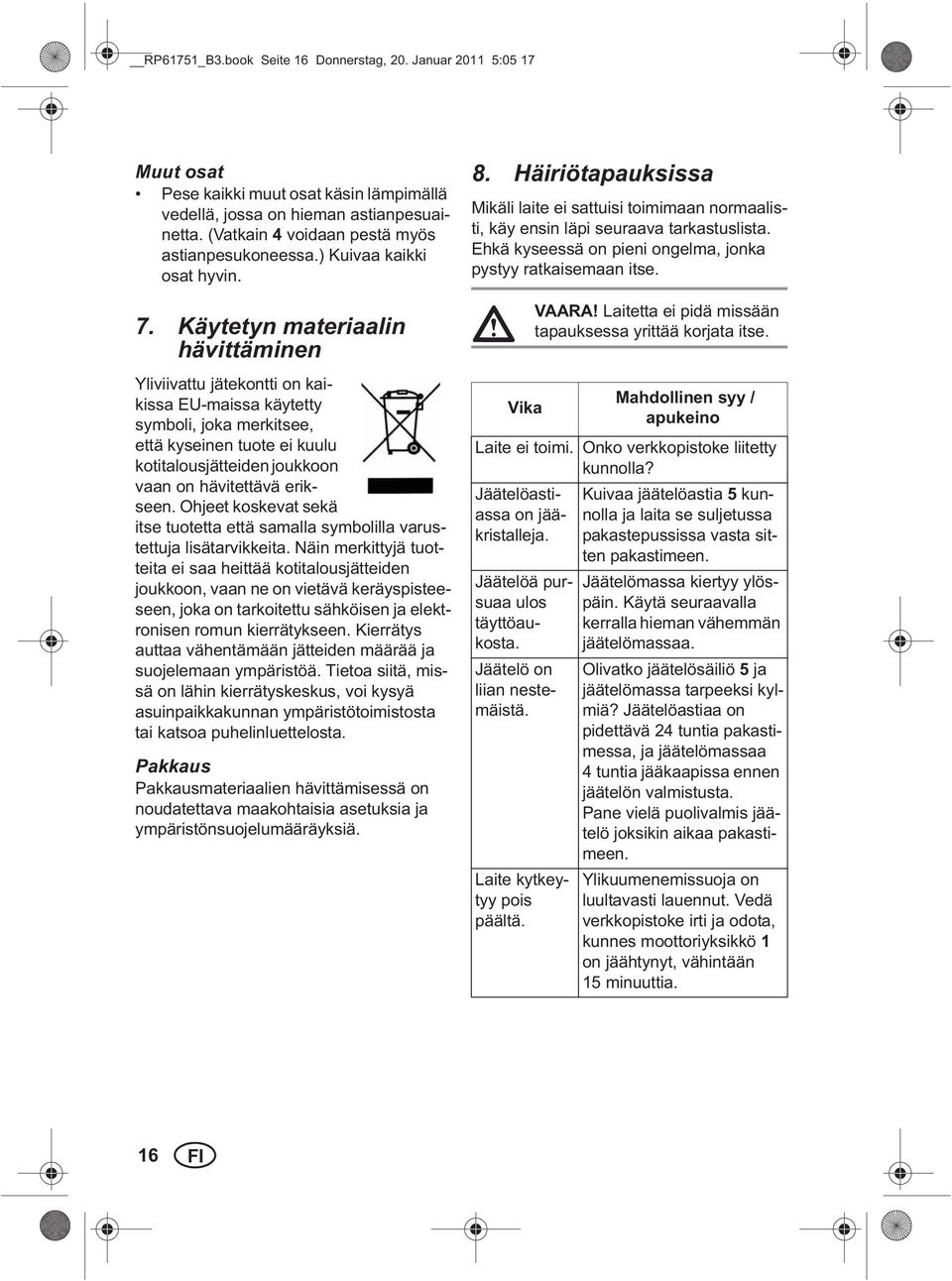 Käytetyn materiaalin hävittäminen Yliviivattu jätekontti on kaikissa EU-maissa käytetty symboli, joka merkitsee, että kyseinen tuote ei kuulu kotitalousjätteiden joukkoon vaan on hävitettävä erikseen.