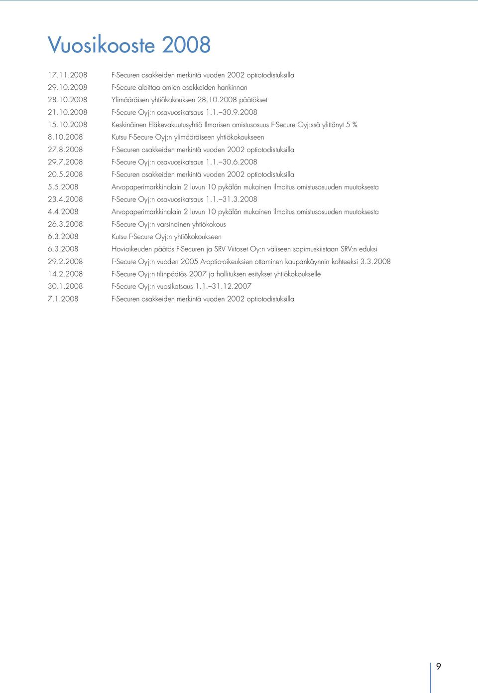 8.2008 F-Securen osakkeiden merkintä vuoden 2002 optiotodistuksilla 29.7.2008 F-Secure Oyj:n osavuosikatsaus 1.1. 30.6.2008 20.5.