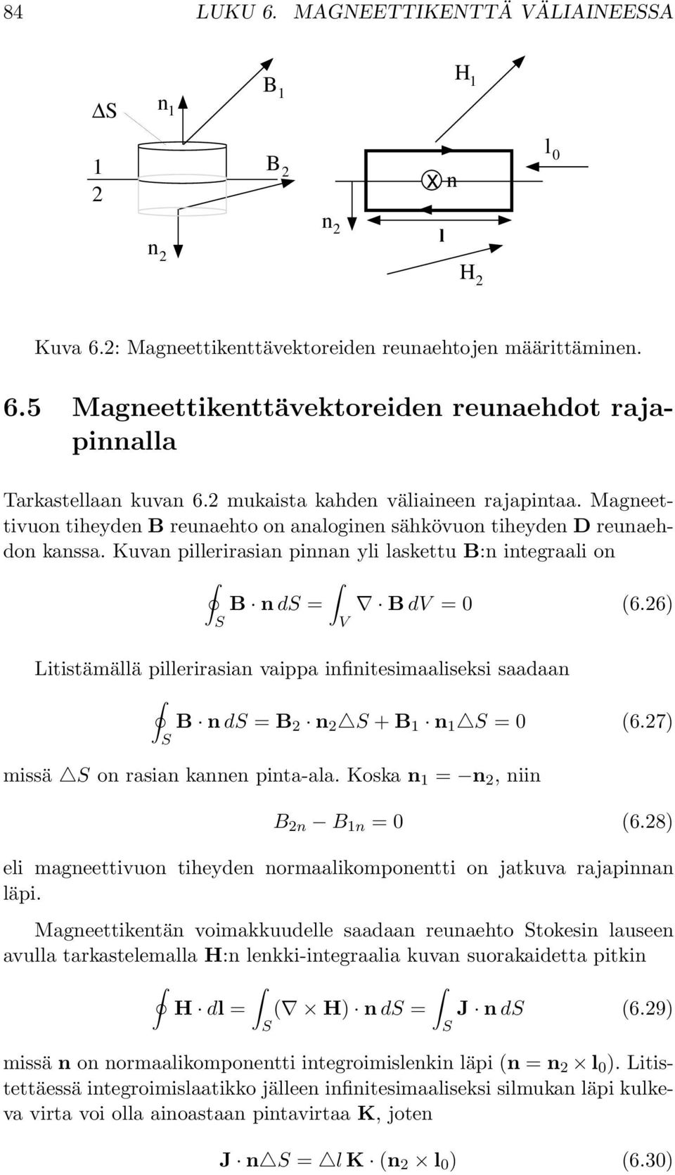 Kuvan pillerirasian pinnan yli laskettu B:n integraali on B n d = B dv = (6.26) V Litistämällä pillerirasian vaippa infinitesimaaliseksi saadaan B n d = B 2 n 2 + B 1 n 1 = (6.