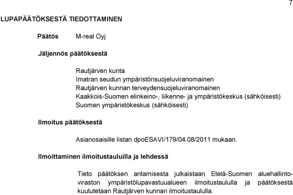 (sähköisesti) Suomen ympäristökeskus (sähköisesti) Asianosaisille listan dpoesavi/179/04.08/2011 mukaan.