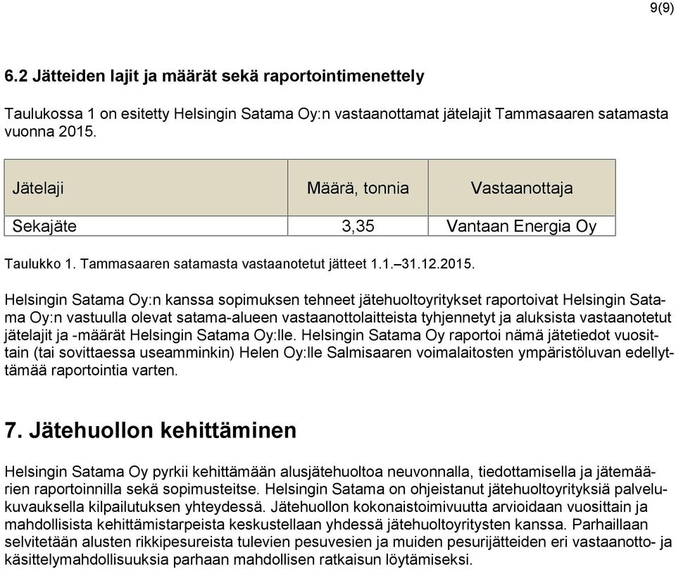 Helsingin Satama Oy:n kanssa sopimuksen tehneet jätehuoltoyritykset raportoivat Helsingin Satama Oy:n vastuulla olevat satama-alueen vastaanottolaitteista tyhjennetyt ja aluksista vastaanotetut