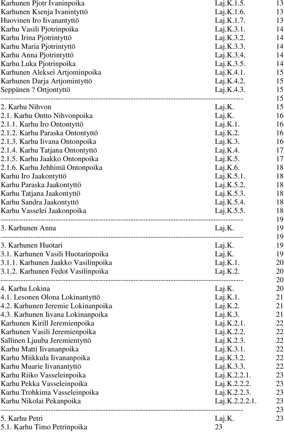 15 Seppänen? Ortjontyttö Laj.K.4.3. 15 ------------------------------------------------------------------------------------------------- 15 2. Karhu Nihvon Laj.K. 15 2.1. Karhu Ontto Nihvonpoika Laj.