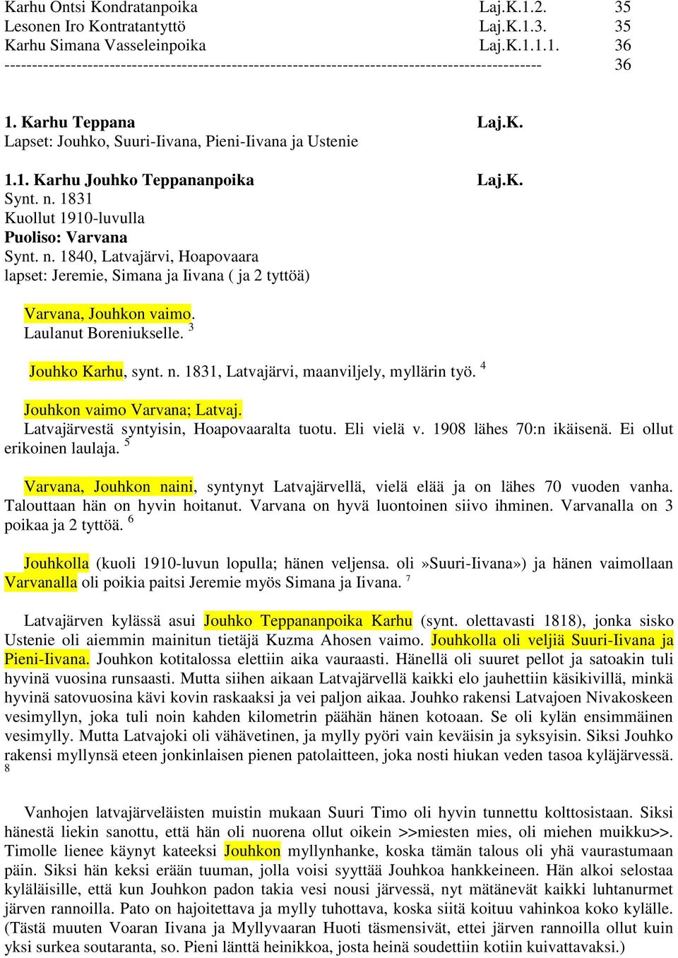 1831 Kuollut 1910-luvulla Puoliso: Varvana Synt. n. 1840, Latvajärvi, Hoapovaara lapset: Jeremie, Simana ja Iivana ( ja 2 tyttöä) Varvana, Jouhkon vaimo. Laulanut Boreniukselle. 3 Jouhko Karhu, synt.