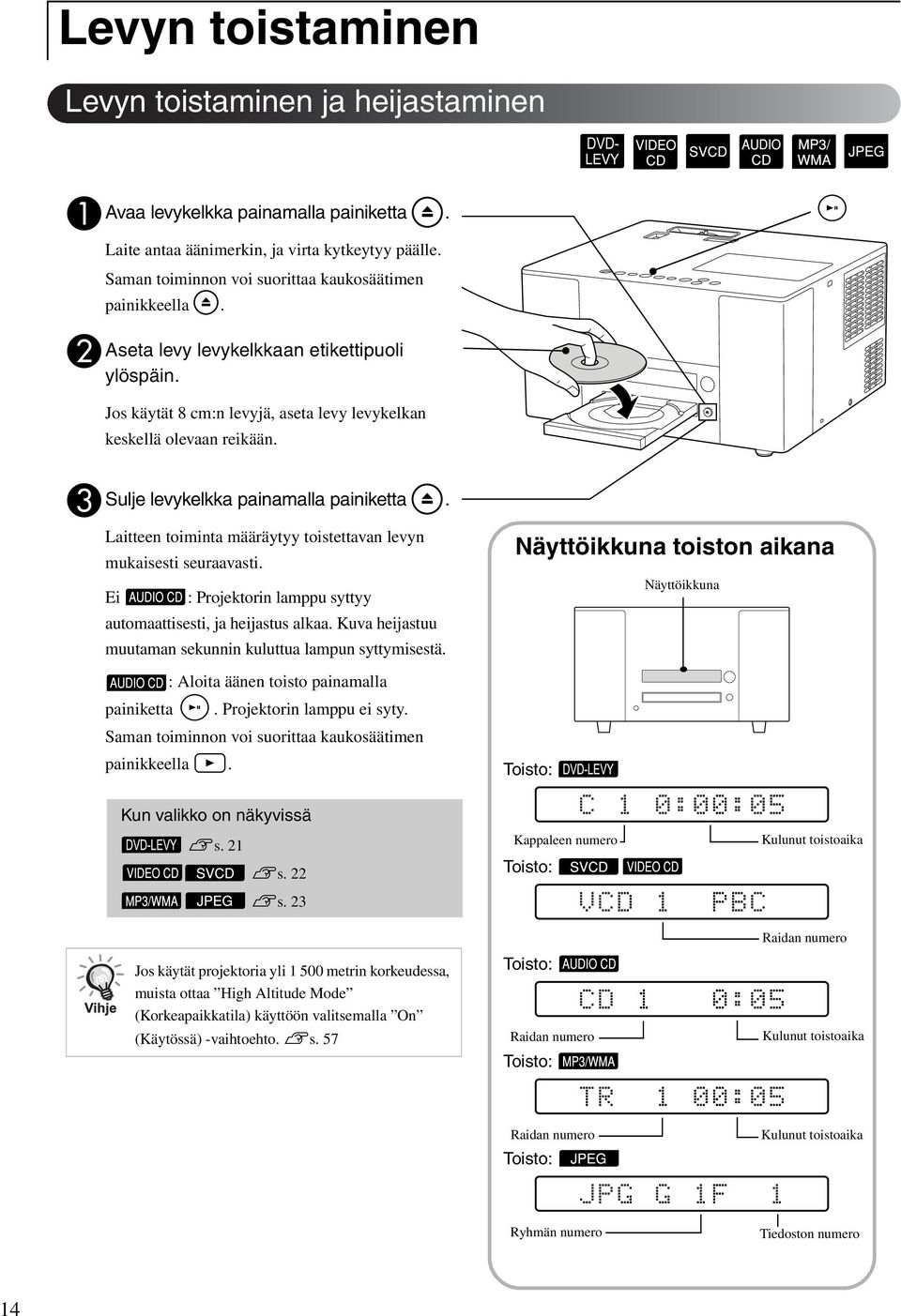 C Sulje levykelkka painamalla painiketta. Laitteen toiminta määräytyy toistettavan levyn mukaisesti seuraavasti. Ei : Projektorin lamppu syttyy automaattisesti, ja heijastus alkaa.