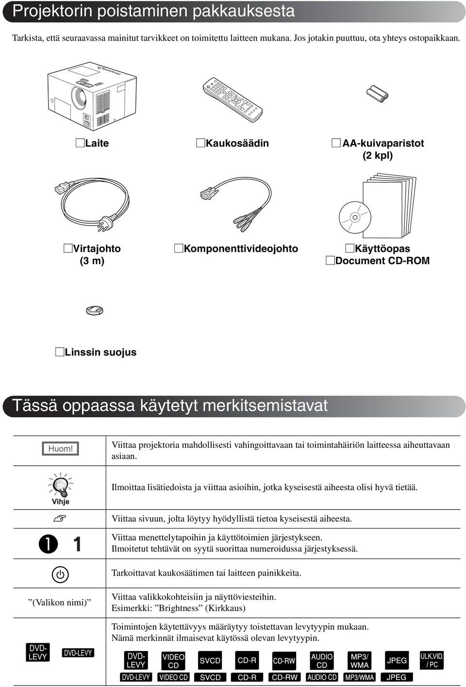 mahdollisesti vahingoittavaan tai toimintahäiriön laitteessa aiheuttavaan asiaan. Ilmoittaa lisätiedoista ja viittaa asioihin, jotka kyseisestä aiheesta olisi hyvä tietää.