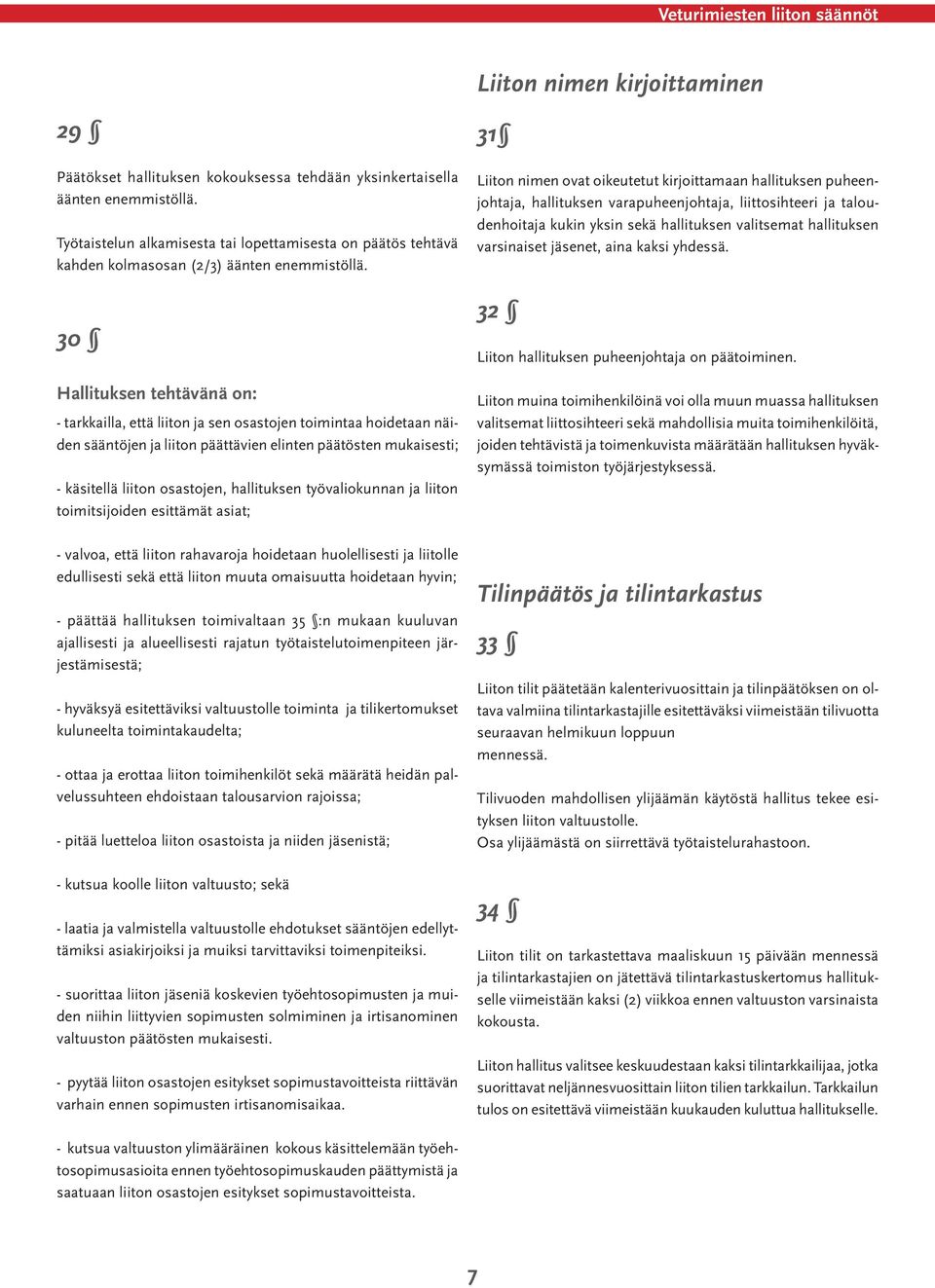 30 Hallituksen tehtävänä on: - tarkkailla, että liiton ja sen osastojen toimintaa hoidetaan näiden sääntöjen ja liiton päättävien elinten päätösten mukaisesti; - käsitellä liiton osastojen,