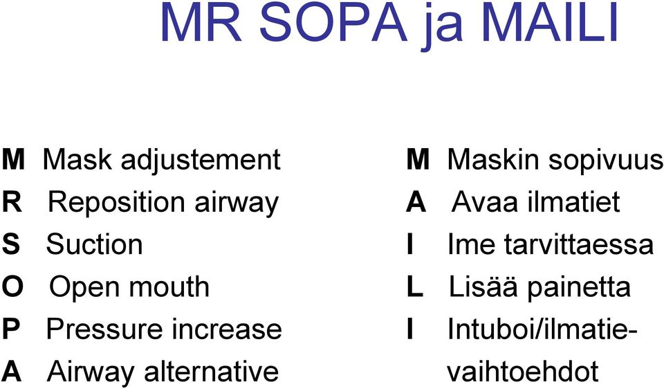 Airway alternative M Maskin sopivuus A Avaa ilmatiet I