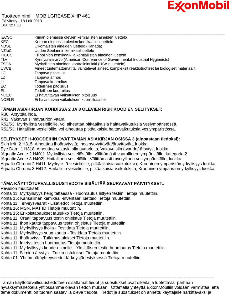 kontrollointilaki (USA:n luettelo) UVCB Aineet tuntemattomat tai vaihtelevat aineet, kompleksit reaktiotuotteet tai biologiset materiaalit LC Tappava pitoisuus LD Tappava annos LL Tappava kuormitus