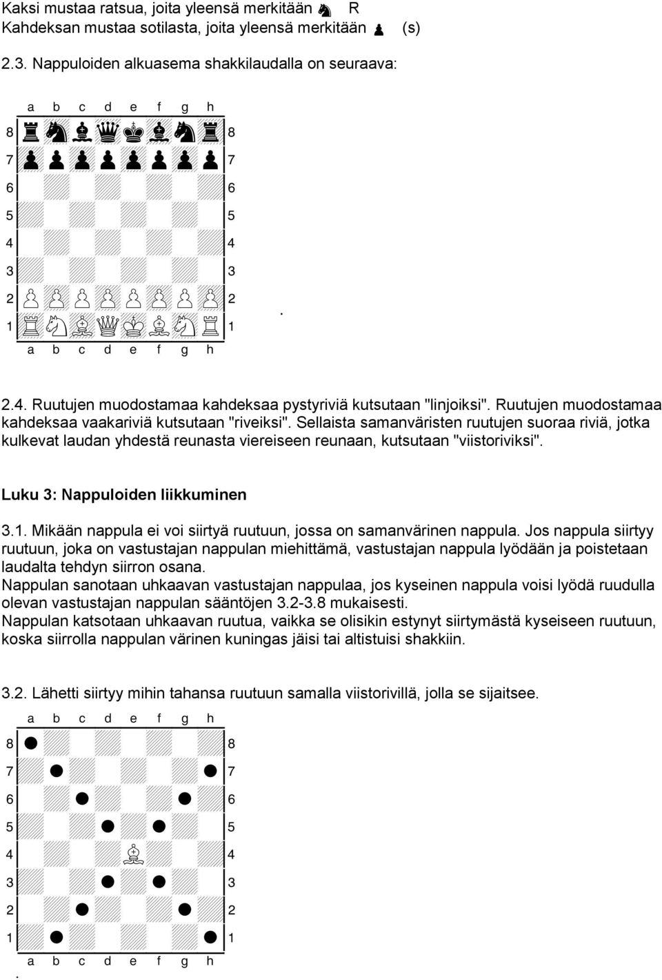 Ruutujen muodostamaa kahdeksaa vaakariviä kutsutaan "riveiksi". Sellaista samanväristen ruutujen suoraa riviä, jotka kulkevat laudan yhdestä reunasta viereiseen reunaan, kutsutaan "viistoriviksi".